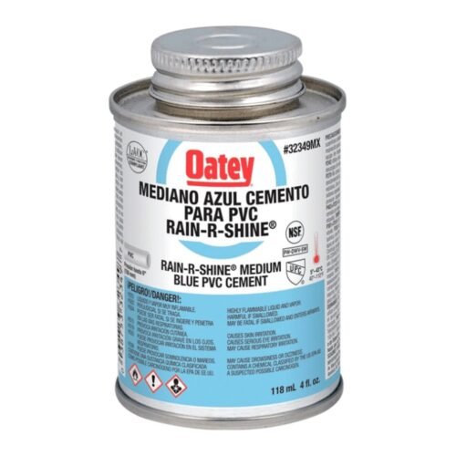 OATEY Cemento Rain-R-Shine = 725 W-O, 4 oz. = 118 ml., cemento viscosidad mediana, color azul, para PVC C40-C80 hasta 6 pulg. - 32349MX