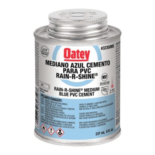 OATEY Cemento Rain-R-Shine = 725 W-O, 8 oz. = 236 ml., cemento viscosidad mediana, color azul, para PVC C40-C80 hasta 6 pulg. - 32350MX