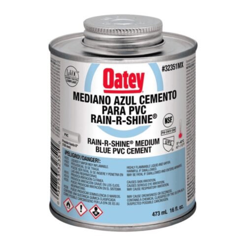 OATEY Cemento Rain-R-Shine = 725 W-O, 16 oz. = 473 ml., cemento viscosidad mediana, color azul, para PVC C40-C80 hasta 6 pulg. - 32351MX