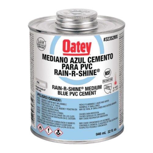 OATEY Cemento Rain-R-Shine = 725 W-O, 32 oz. = 946 ml., cemento viscosidad mediana, color azul, para PVC C40-C80 hasta 6 pulg. - 32352MX